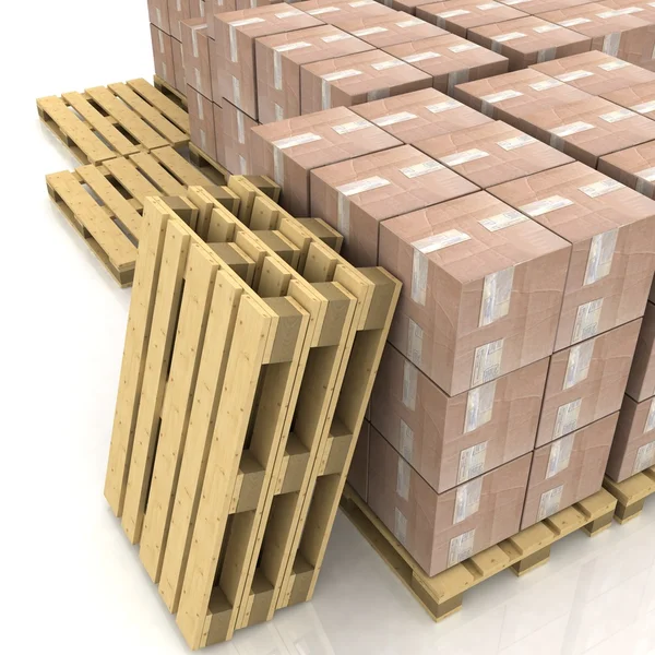 Caixas de papelão em paletes de madeira — Fotografia de Stock