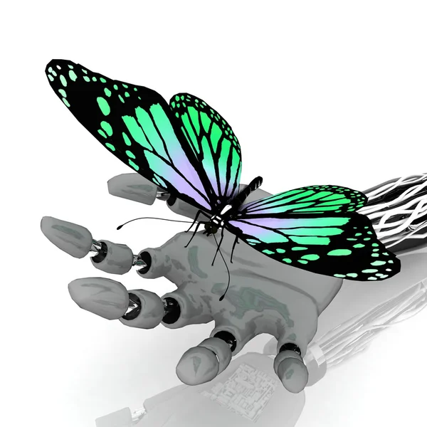 蝴蝶在机器人的手上 — 图库照片