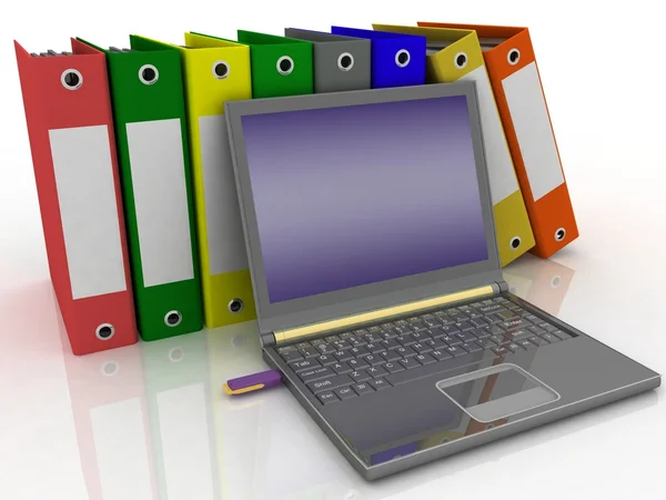 Kolorowe foldery przy nowoczesny laptop — Zdjęcie stockowe