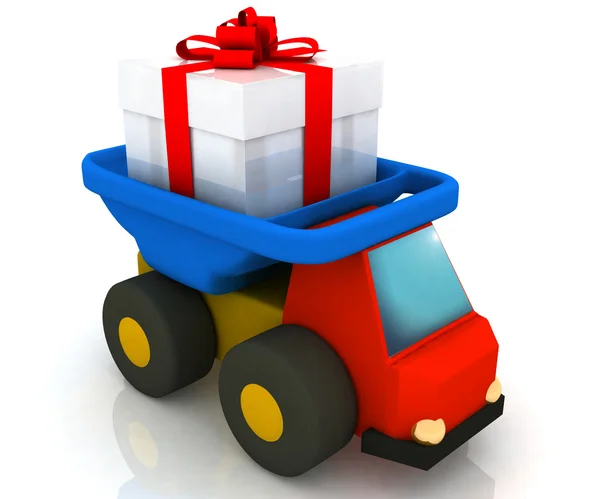 Toy truck drives a gift — Stock Photo, Image