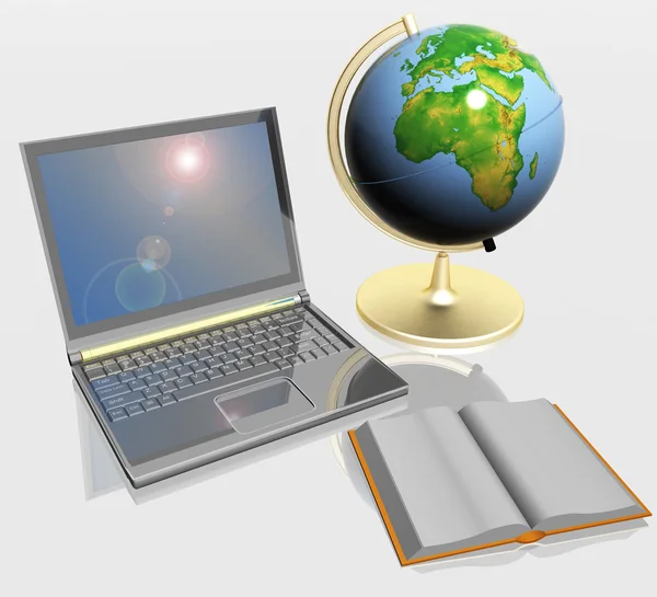 Livro aberto, globo e laptop — Fotografia de Stock