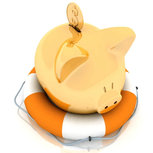 stock image Piggy bank is in lifebuoy