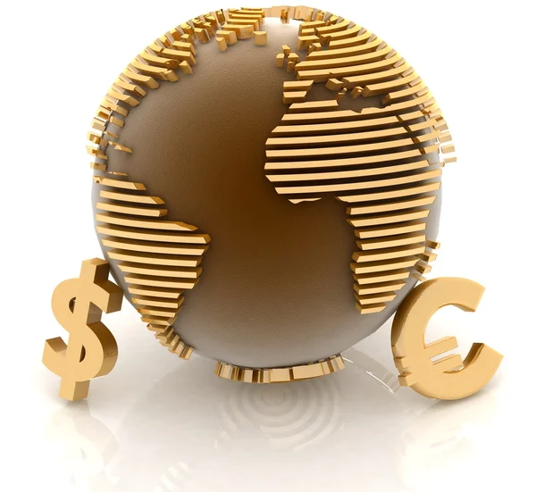 Földgömb és gold-pénznem szimbólumok — Stock Fotó