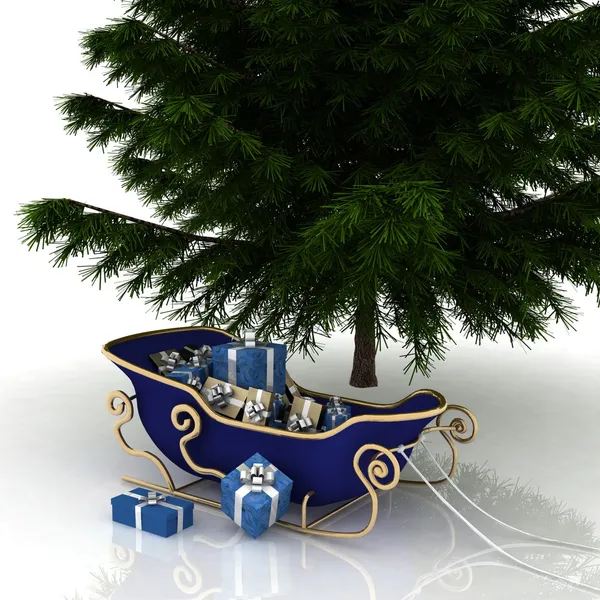 Noel ağacı ve Noel Noel Baba hediyeleri ile sledge — Stok fotoğraf