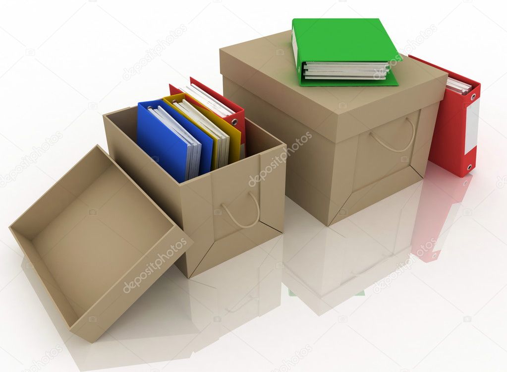 Office folders in cardboard box