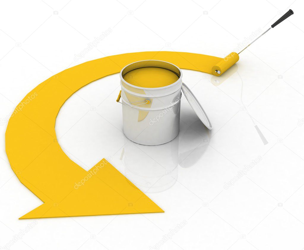 Open bucket with yellow paint and roller
