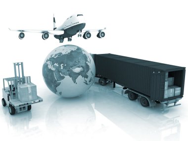 Airliner with a globe and autoloader with boxes clipart