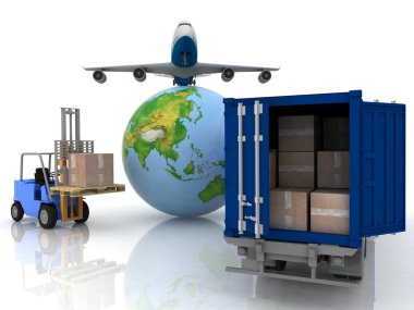 Airliner with a globe and auto loader with boxes clipart