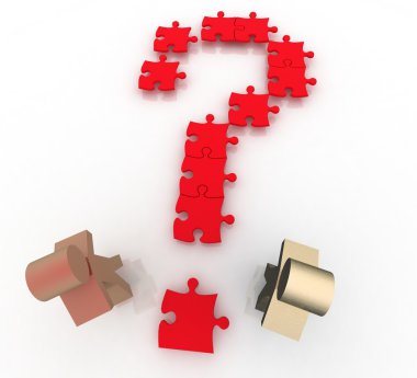 Two men on question mark jigsaw puzzle searches for a solution. clipart