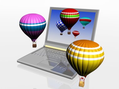 Hot air balloons take off from the screen of laptop clipart