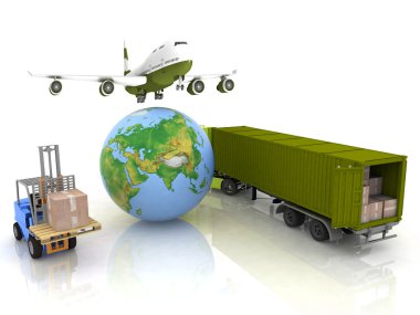 Airliner with a globe and autoloader with boxes clipart