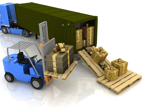 Beladung von Geschenkboxen ist isoliert im Container — Stockfoto