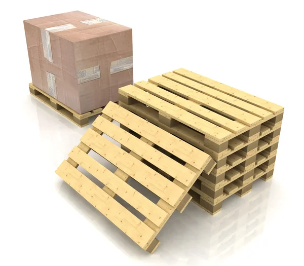Caixa de papelão em paletes de madeira — Fotografia de Stock