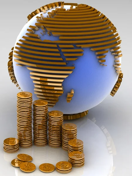 Globe with many gold coins — Stock Photo, Image