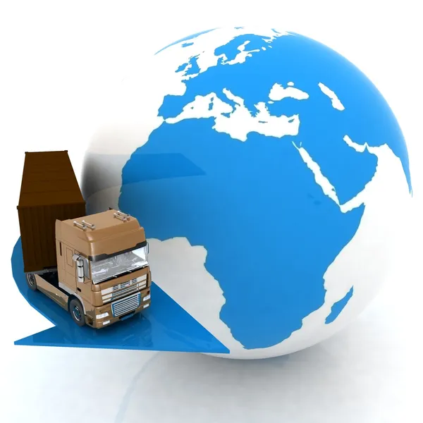 Vrachtwagen gaat op een aanwijzer ronde een globe — Stockfoto