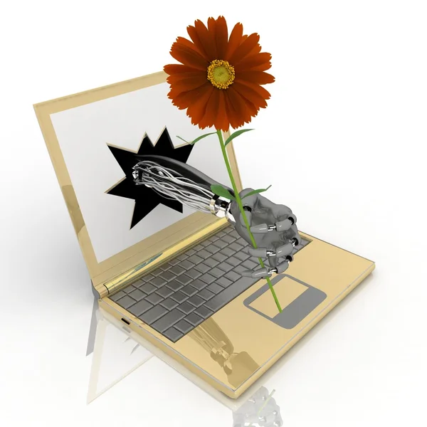 机器人手臂从笔记本电脑上带来了一朵花 — 图库照片