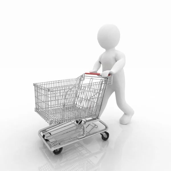 3d man rolls the shopping cart — Stock Photo, Image