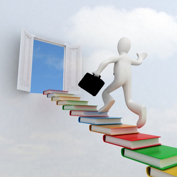 Businessman climbing the stairs to the success of knowledge