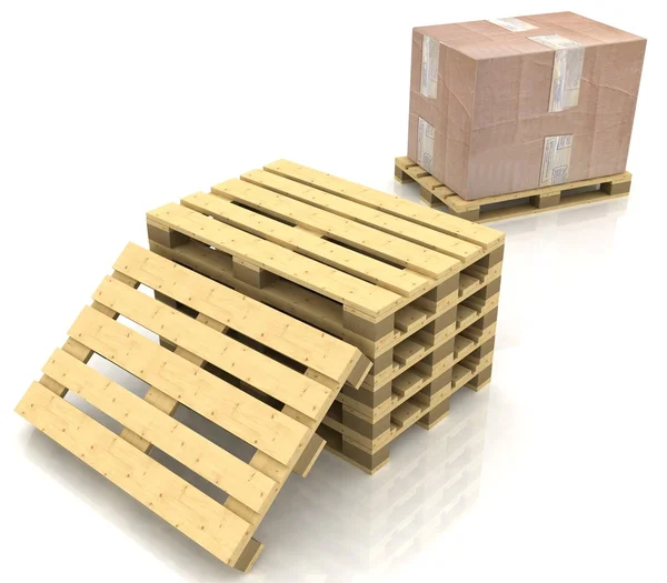 Cardboard box on wooden pallet — Stock Photo, Image