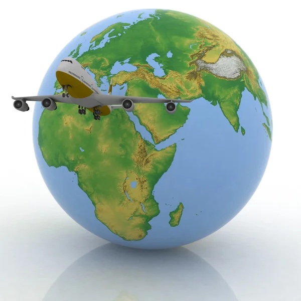 Samolot pasażerski z globusem w tle — Zdjęcie stockowe