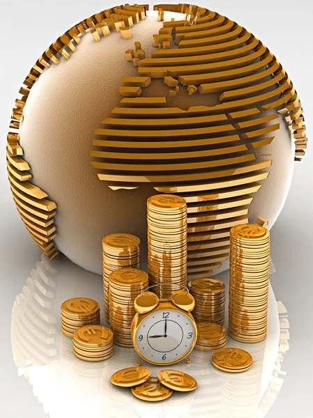 Золотой глобус со многими золотыми монетами и часами — стоковое фото