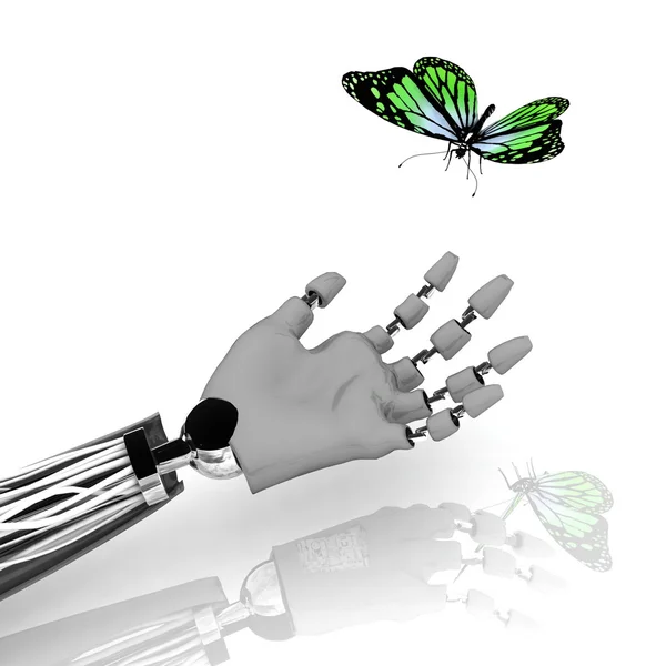 A borboleta em uma mão do robô — Fotografia de Stock