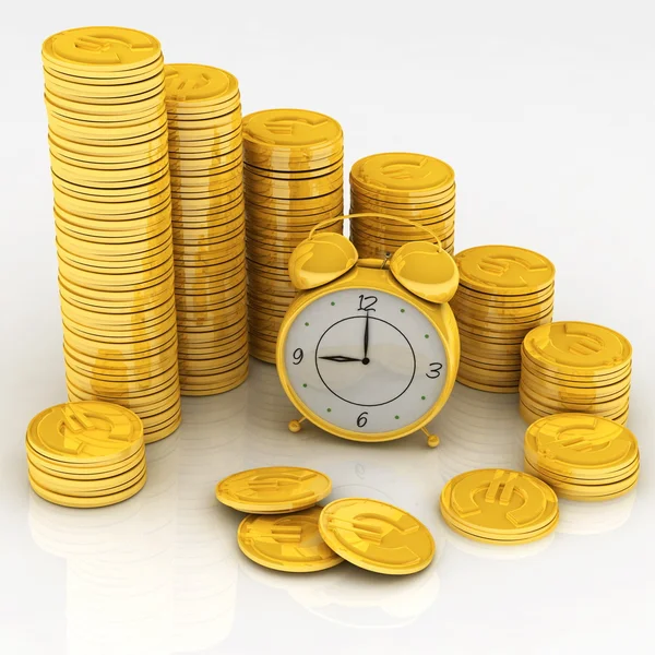Czas to pieniądz z zegarem i monetami. — Zdjęcie stockowe