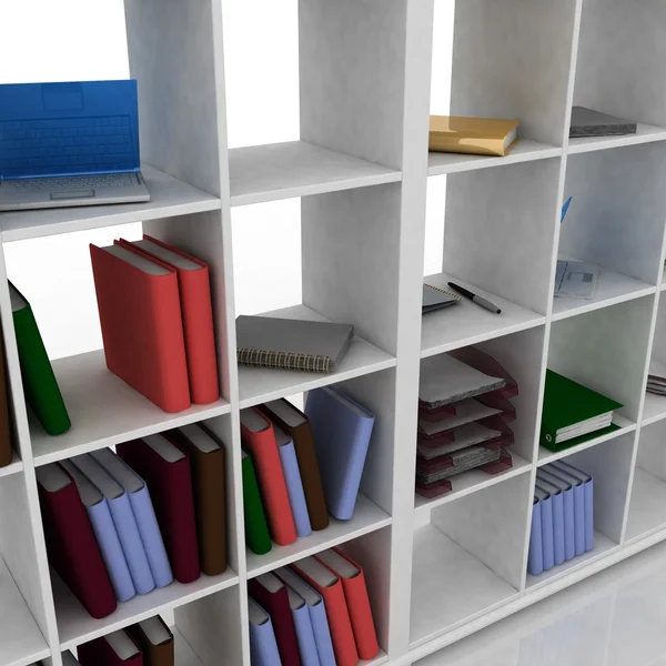 Book shelf with instruments for office — Stock Photo, Image