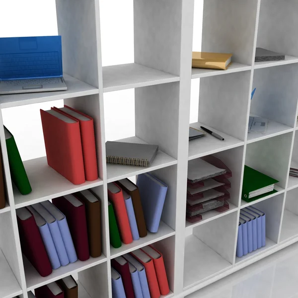 Boek plank met instrumenten voor office — Stockfoto