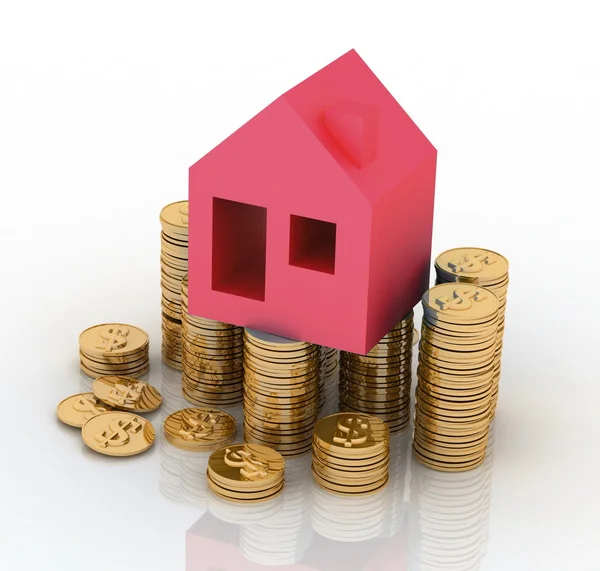 Concept van de aankoop van bewoning? Huis staande op een hoop van munten. — Stockfoto