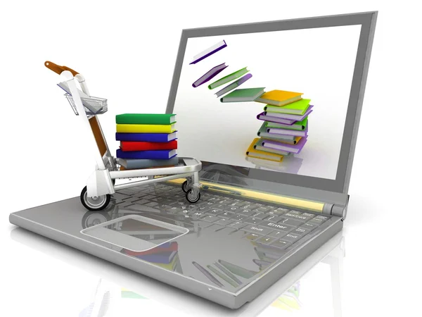 Computer portatile con il carrello leggero caricato con libri — Foto Stock