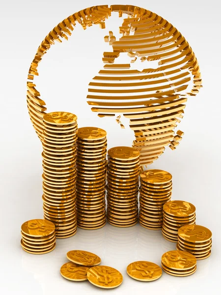 Золотой глобус с большим количеством золотых монет — стоковое фото