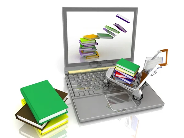Laptop-val a könnyű szekeret megrakott könyvek — Stock Fotó