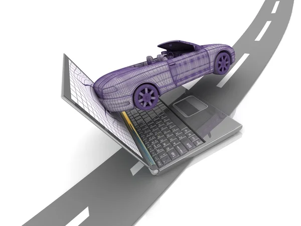 Accidente de coche modelo de la computadora portátil en el camino —  Fotos de Stock