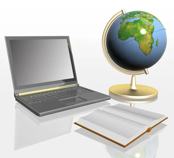 Öppen bok, globe och laptop — Stockfoto