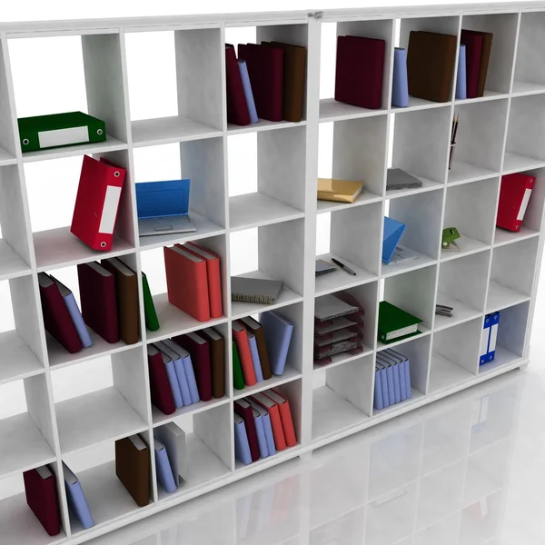 Book shelf with instruments for office — Stock Photo, Image
