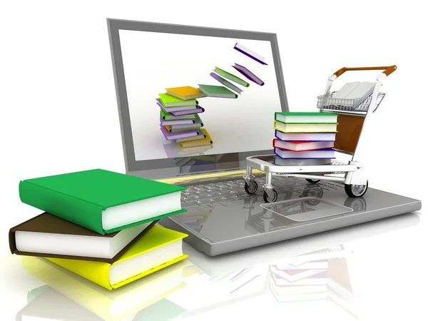 Laptop met de lichte kar geladen met boeken — Stockfoto