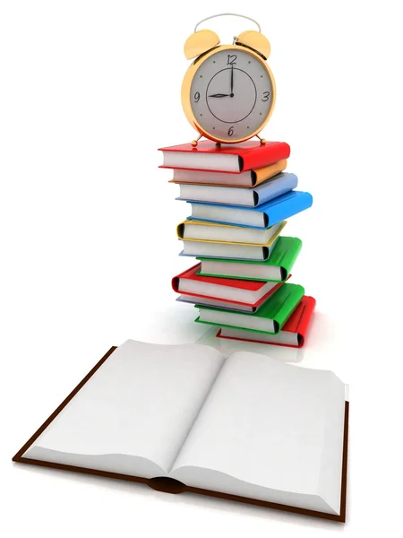 Open book and alarm clock on the pile of books — Stock Photo, Image