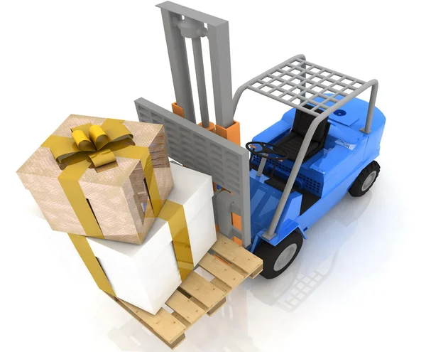 Forklift with gifts boxes — Zdjęcie stockowe