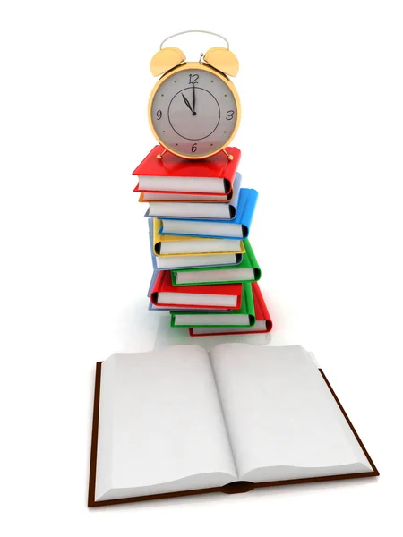 Open book and alarm clock on the pile of books — Stock Photo, Image