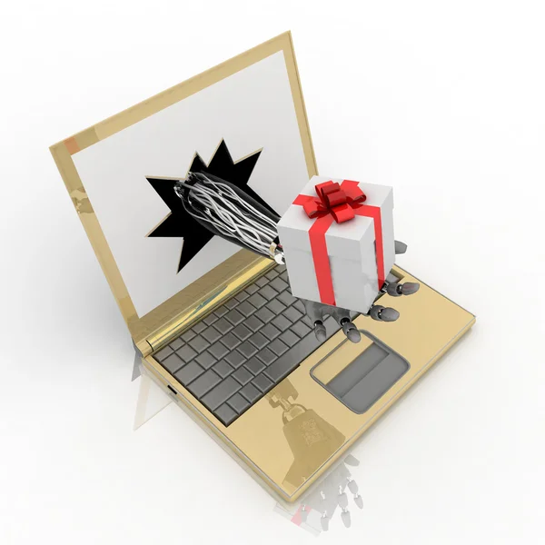Strony dostarcza prezent z ekranu laptopa — Zdjęcie stockowe