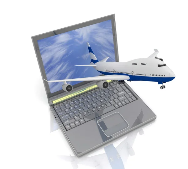 Samolot startuje z monitora laptopa — Zdjęcie stockowe