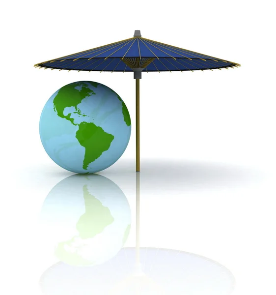 Globe under an umbrella on a beach — Stock Photo, Image