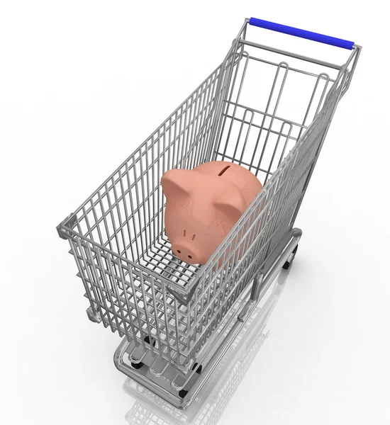 Ahorrar dinero concepto de compras con alcancía en un carrito de compras — Foto de Stock