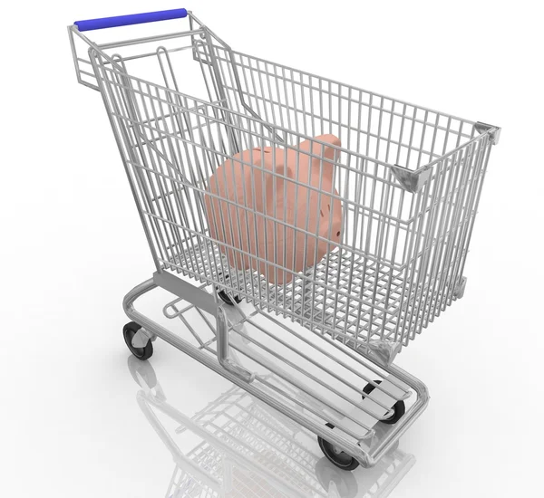 Economizar dinheiro conceito de compras com porquinho banco em um carrinho de compras — Fotografia de Stock