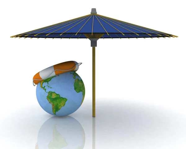 Globe, deštník a záchranný kruh — Stock fotografie