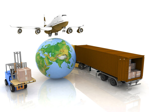 авиалайнер с глобусом и автопогрузчик с коробками
