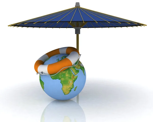 Globe, deštník a záchranný kruh — Stock fotografie