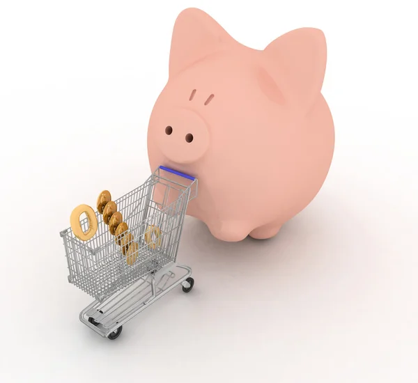 Winkelwagen en piggy bank — Stockfoto