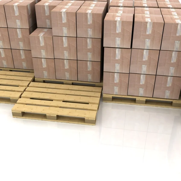 Kartonów na paletach drewnianych — Zdjęcie stockowe